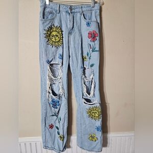 SHEIN Distressed Painted Jeans Pants Sun Flowers Hippie - Large L